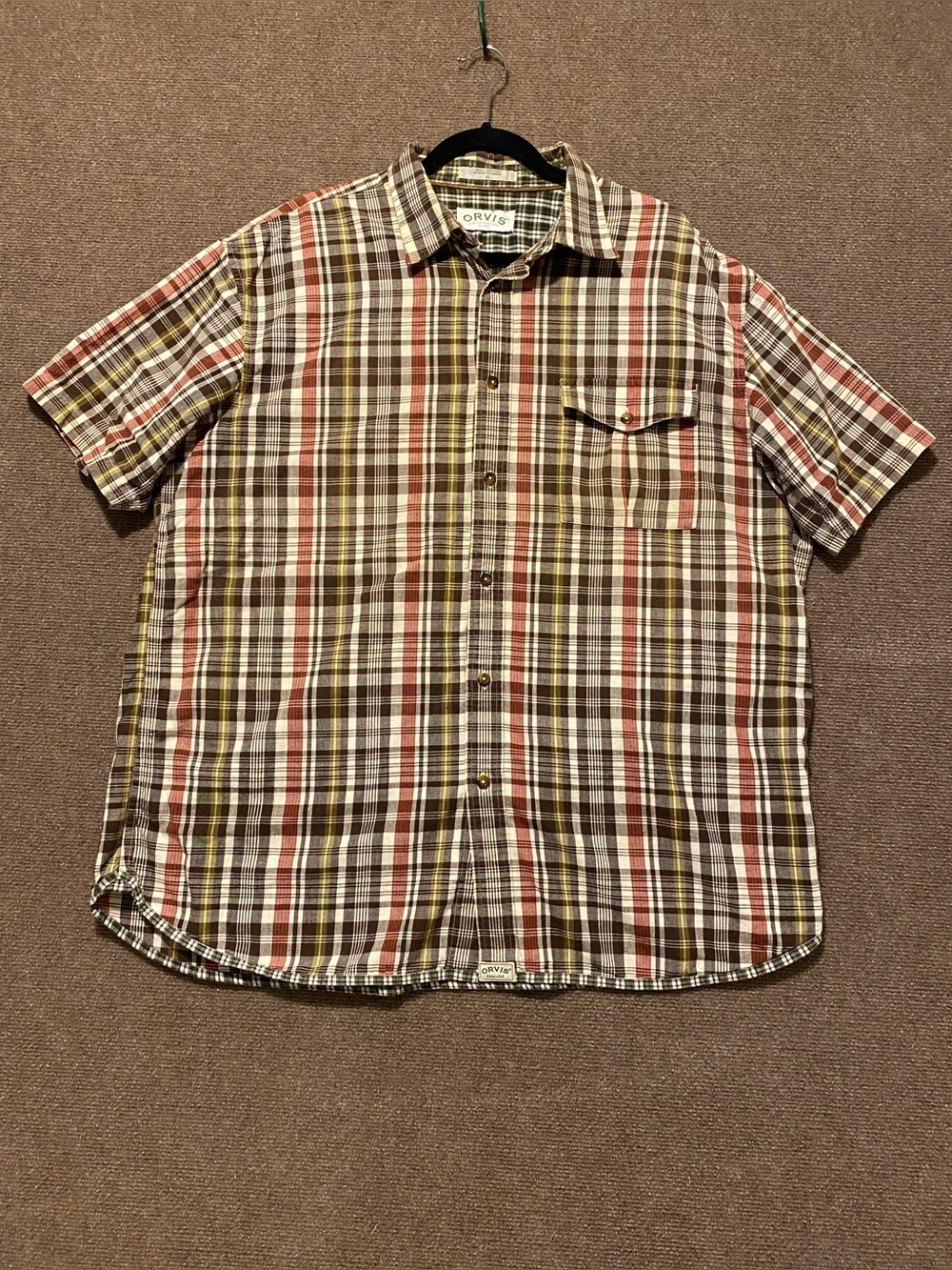 Orvis Men’s XLShort-Sleeve Plaid Button-Down Shirt - Red, Brown, White